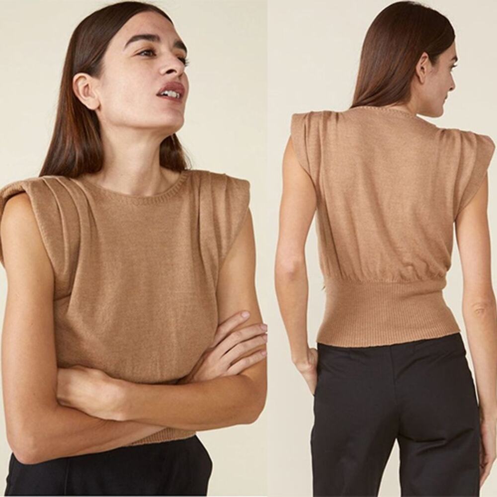 NEW St. Roche Sierra Padded Shoulder Sleeveless Cropped Sweater in Camel Brown